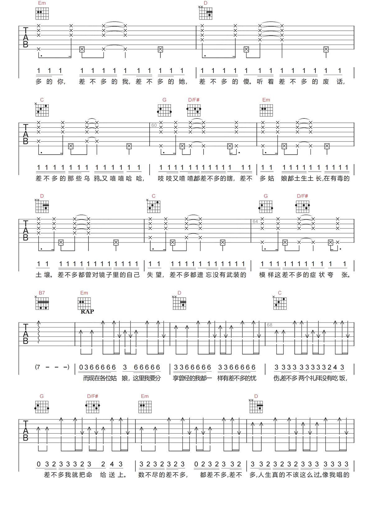 邓紫棋《差不多姑娘吉他谱》C调原版六线谱 邓紫棋《差不多姑娘吉他谱》C调原版六线谱