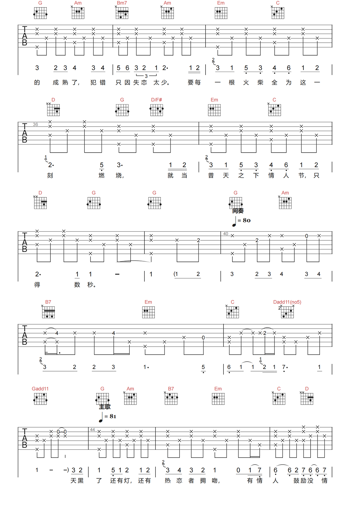 陈奕迅《失恋太少吉他谱》G调原版弹唱谱 陈奕迅《失恋太少吉他谱》G调原版弹唱谱