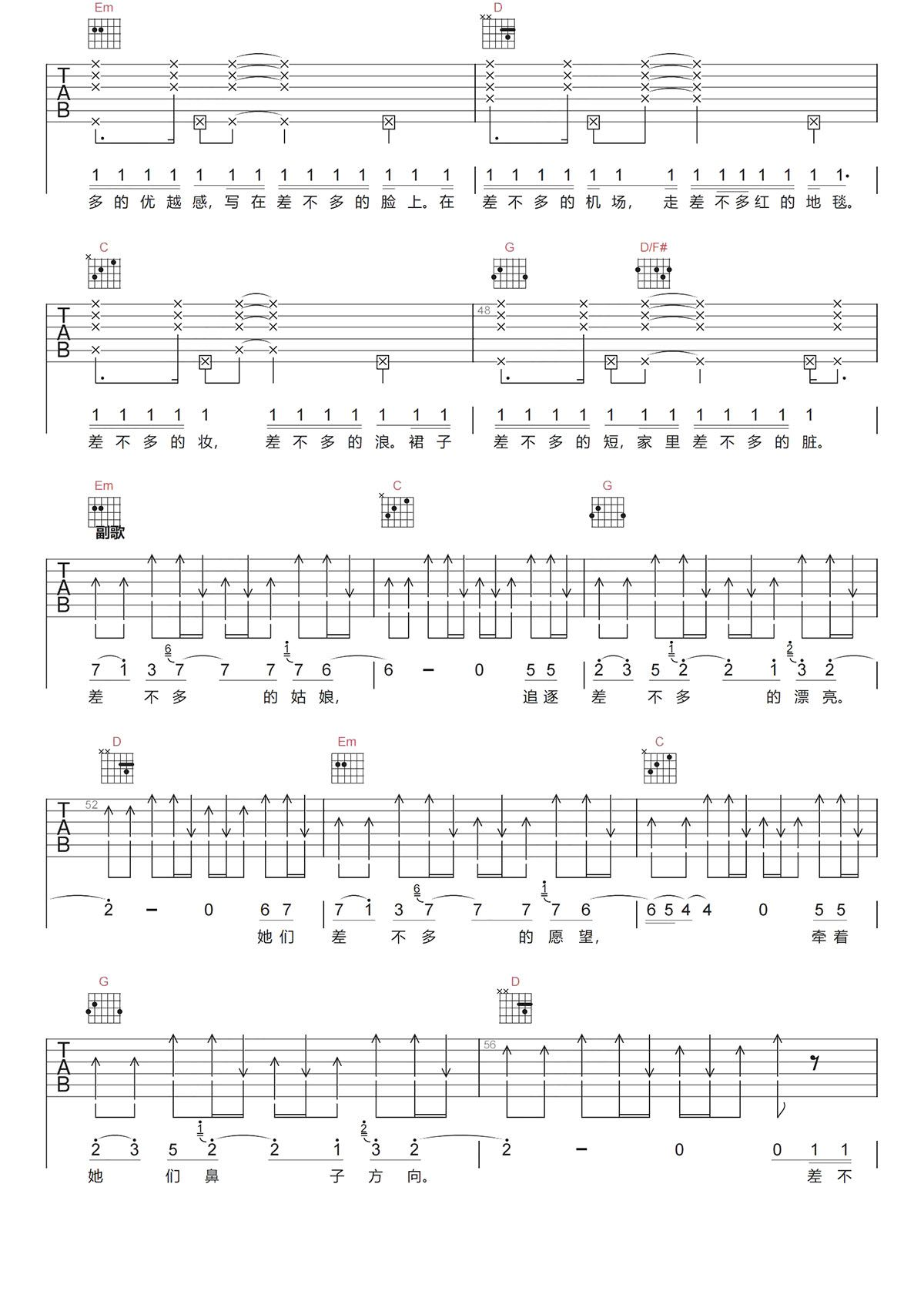 邓紫棋《差不多姑娘吉他谱》C调原版六线谱 邓紫棋《差不多姑娘吉他谱》C调原版六线谱