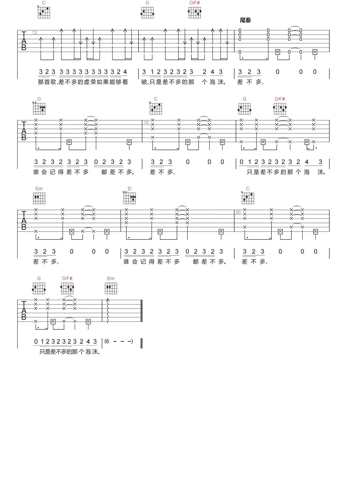 邓紫棋《差不多姑娘吉他谱》C调原版六线谱 邓紫棋《差不多姑娘吉他谱》C调原版六线谱