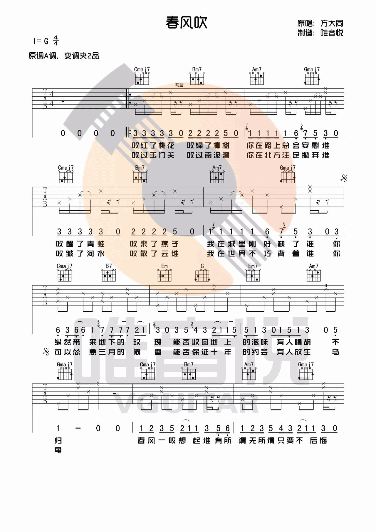 春风吹吉他谱G调-方大同《春风吹》完整原版六线谱 春风吹吉他谱G调-方大同《春风吹》完整原版六线谱