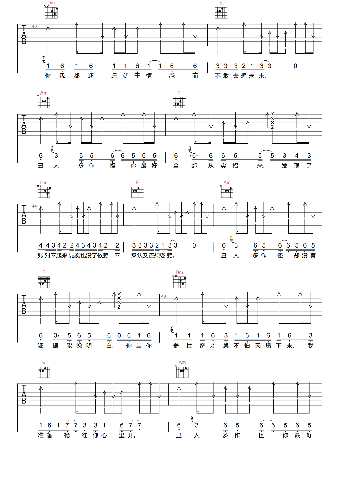 告五人《丑人多作怪吉他谱》C调原版六线谱 告五人《丑人多作怪吉他谱》C调原版六线谱