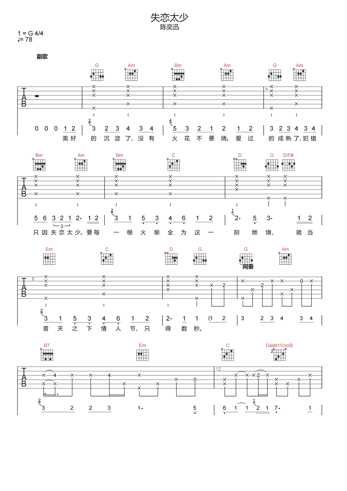 陈奕迅《失恋太少吉他谱》G调原版弹唱谱 陈奕迅《失恋太少吉他谱》G调原版弹唱谱